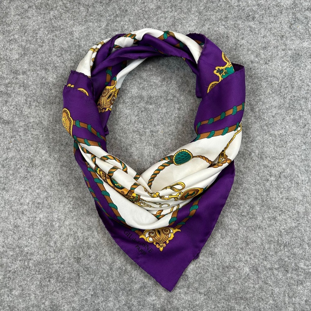GUC Vintage Gil De Losne Paris Scarf Purple White Gold Old Money Classic Prep